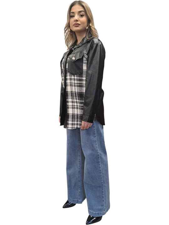 Tartan Μακρυμάνικο Γυναικείο Δερμάτινο Πουκάμισο Μαύρο Καρό