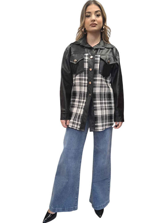 Tartan Μακρυμάνικο Γυναικείο Δερμάτινο Πουκάμισο Μαύρο Καρό