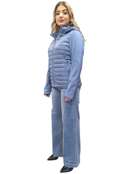 Women's Short Puffer Jacket for Spring or Autumn Light Blue