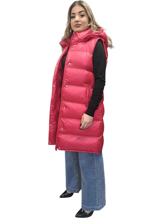 Women's Long Puffer Jacket for Winter with Hood Red