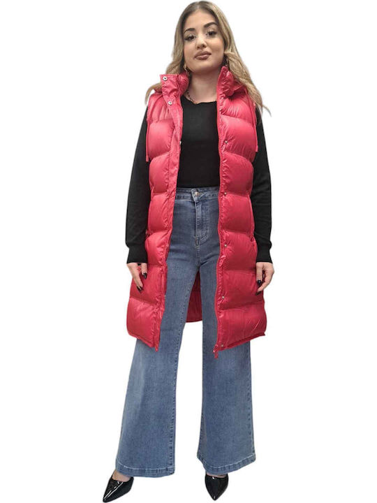 Women's Long Puffer Jacket for Winter with Hood Red