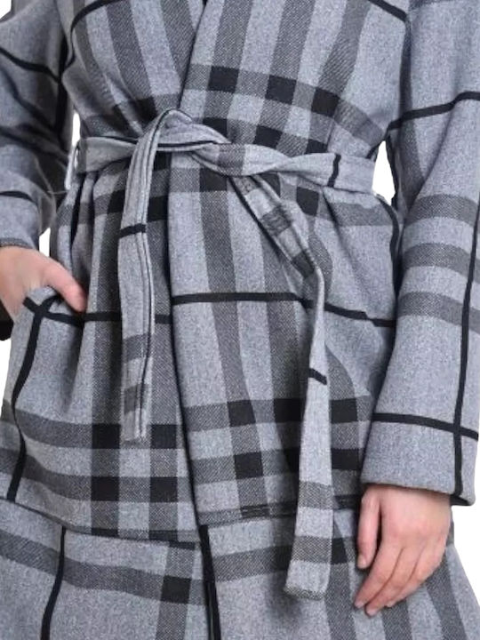 Women's Checked Gray Coat with Belt