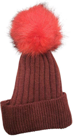 Pom Pom Beanie Unisex Beanie Knitted in Burgundy color