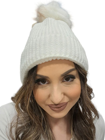 Pom Pom Beanie Frauen Beanie mit Rippstrick in Weiß Farbe