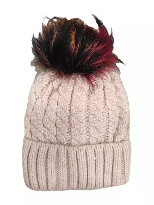 Pom Pom Beanie Γυναικείος Σκούφος με Πλεξούδες σε Μπεζ χρώμα
