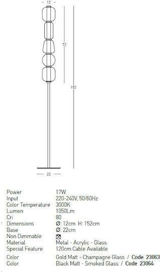 Zambelis Lights LED Floor Lamp H152xW12cm. with Warm White Light 1050lm Gold