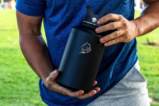 Cool'NMore Stainless Steel Thermos Bottle BPA Free 1.5lt Jet Black with Mouthpiece Loop Straw and Handle