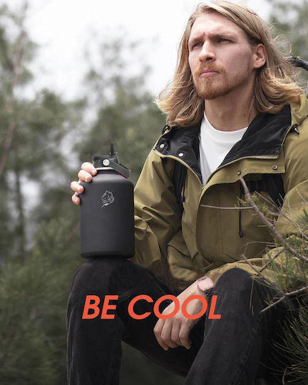 Cool'NMore Stainless Steel Thermos Bottle BPA Free 1.5lt Jet Black with Mouthpiece Loop Straw and Handle