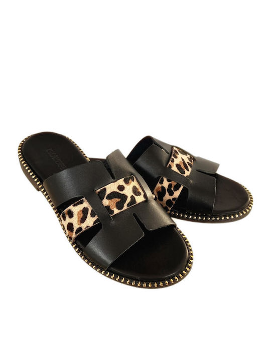 Leather Women's Flat Sandals in Black Color