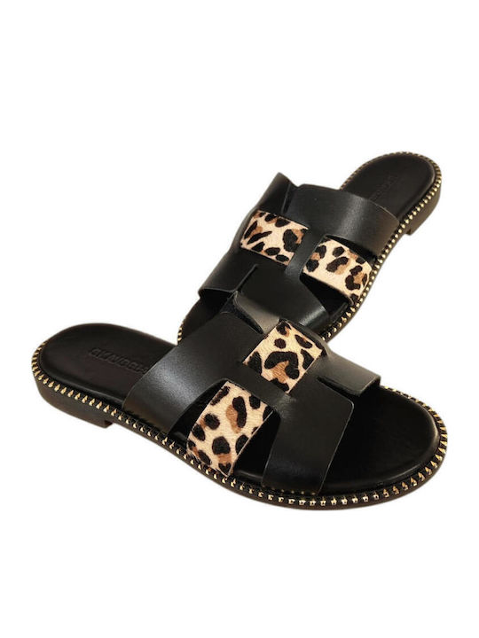 Leather Women's Flat Sandals in Black Color