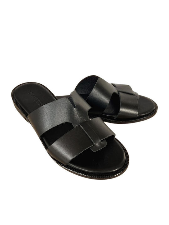 Leather Women's Flat Sandals in Black Color