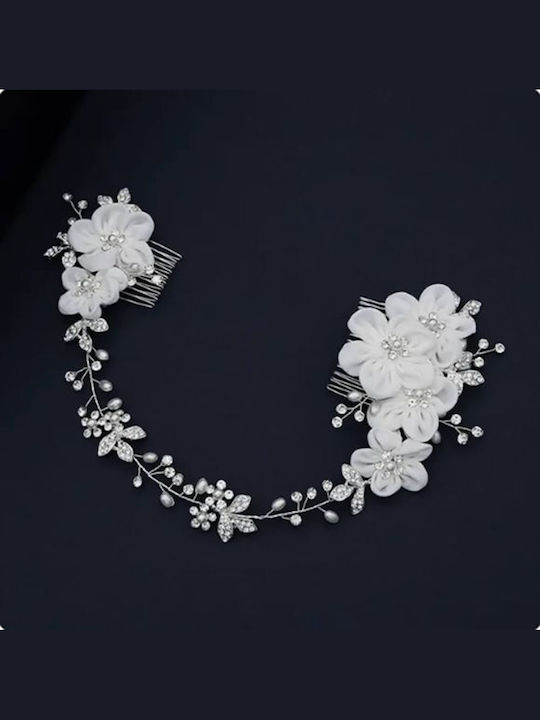Bridal Hair Decoration Satin Flowers Pearls Crystals Calandra Total Length 31 Cm Large Comb Flowers Size 9 X 5.5 Cm Smaller Comb Flowers Size 5 X 4.5 Cm
