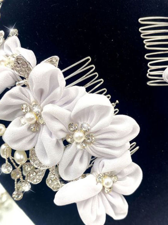 Bridal Hair Decoration Satin Flowers Pearls Crystals Calandra Total Length 31 Cm Large Comb Flowers Size 9 X 5.5 Cm Smaller Comb Flowers Size 5 X 4.5 Cm