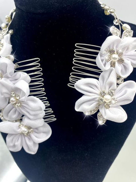 Bridal Hair Decoration Satin Flowers Pearls Crystals Calandra Total Length 31 Cm Large Comb Flowers Size 9 X 5.5 Cm Smaller Comb Flowers Size 5 X 4.5 Cm