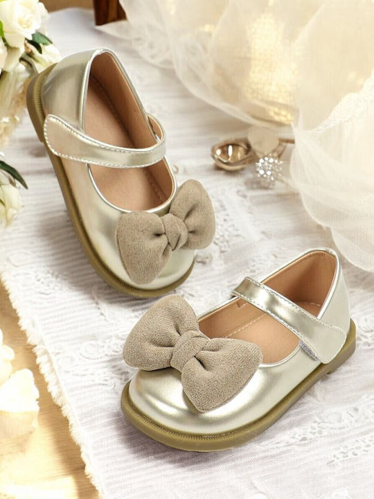 Kids Leather Ballerinas with Hoop & Loop Closure Gold