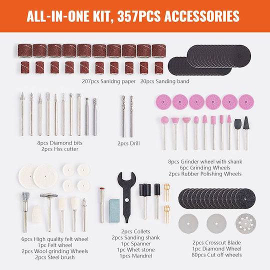 Vevor Rotary Tool Accessories Set 357pcs 1/8" Diameter Electric Rotary Tool Accessories General Purpose Electric Tool Accessories Carving Sanding Cutting Drilling Cleaning Polishing