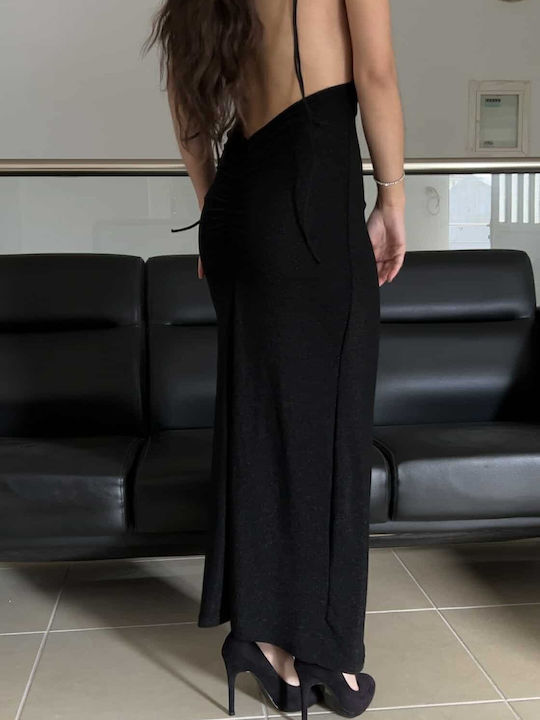Rochie Maxi De Seara Drapată Spate Deschisă Neagră