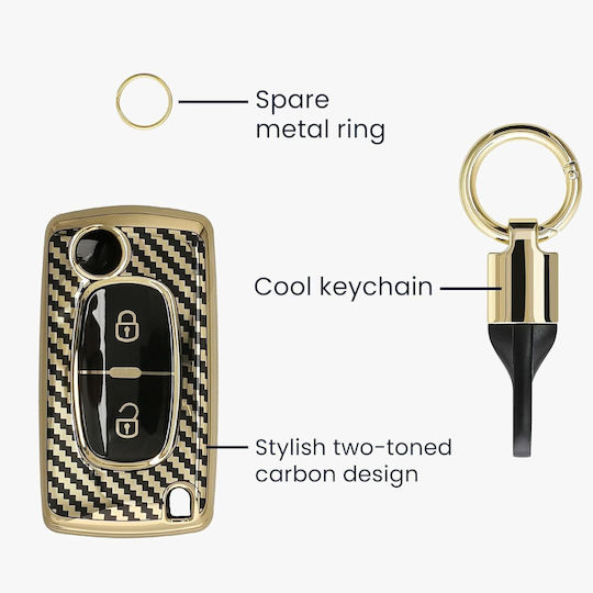 Peugeot Citroen Car Key Case Silicone Keychain Flip Key 2 Buttons Metallic Carbon Fiber Gold Black Kwm000025gd001c