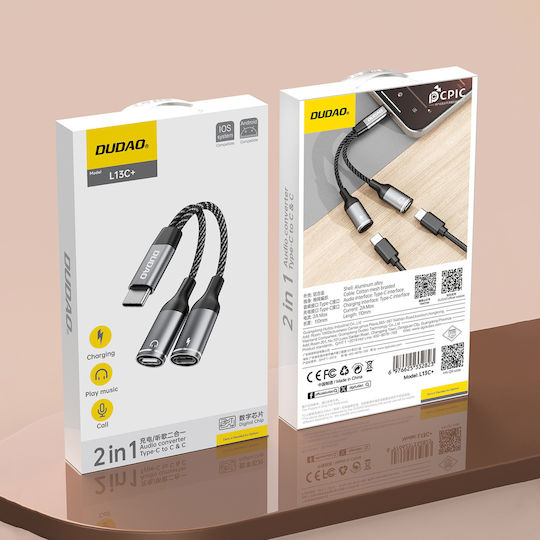 Dudao L13C+ Конвертор USB-C мъжки към USB-C 2x женски Сив 1бр