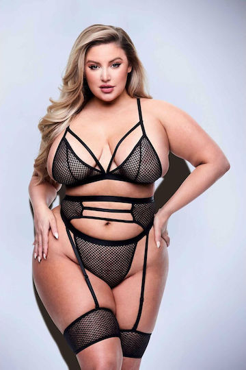 Baci Lingerie Sexy Σετ Εσωρούχων με Δαντέλα & Ζαρτιέρες Μαύρο Plus Size 3τμχ