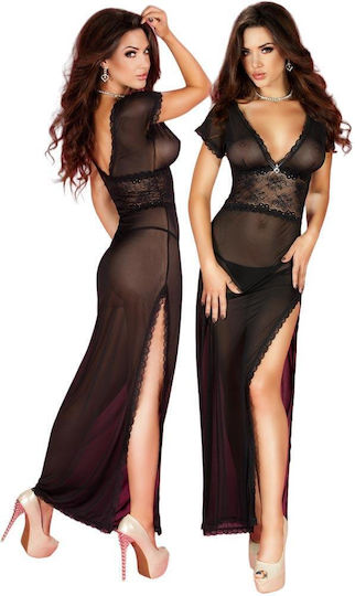 Chilirose Sexy Σετ με Νυχτικό & Ρόμπα με Δαντέλα & Διαφάνεια Long Babydoll & String Black