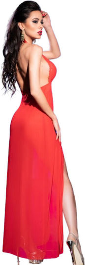 Chilirose Sexy Σετ με Ρόμπα με Δαντέλα & Διαφάνεια Long Babydoll In Chiffon Red