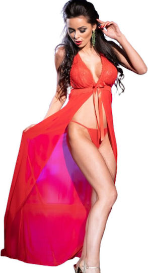 Chilirose Sexy Σετ με Ρόμπα με Δαντέλα & Διαφάνεια Long Babydoll In Chiffon Red