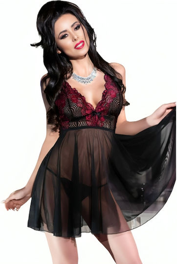 Chilirose Set Sexy cu Halat Babydoll din tul cu cupe de dantelă Black / Pink