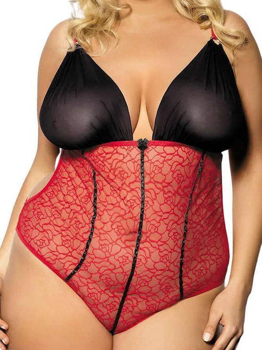 Anais Apparel Fosco Plus Size Sexy Κορμάκι με Διαφάνεια & Δαντέλα Red