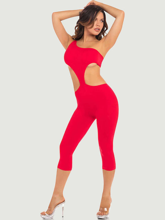 Pink Lipstick Lingerie One Shoulder Cropped Catsuit Ολόσωμο Καλσόν Διχτυωτό Red
