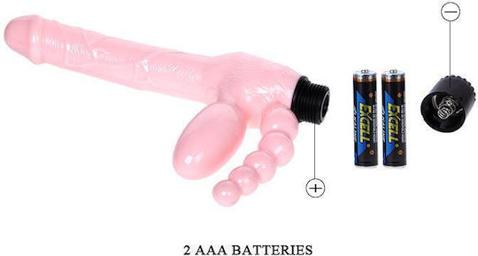 Baile Strapless Dildo With Anal Plug Strapless Strap On με Τριπλό Dildo και Δόνηση στο χρώμα του δέρματος