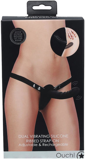 Shots Harness with Double Dildo and Vibration in Black Color