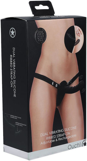 Shots Harness with Double Dildo and Vibration in Black Color