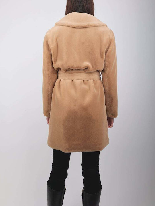 Pennyblack Women's Coat with Belt and Fur Camel