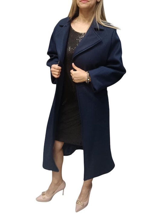 Honey Women's Wool Long Coat with Buttons BLUE