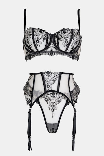 Decoro Set Sexy De Lenjerie Cu Transparență Și Jartiere Negre