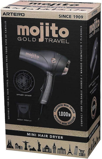 Artero Mojito Gold Travel Mini Hairdryer Uscător de păr de călătorie cu difuzor 1000W