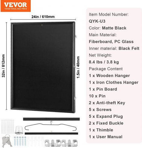 Vevor Jersey Display Case 24 X 32 X 1.5 In Large Locked Sports Jersey Shadow Box 98% UV Protection Hangers Black Qyzskjzx243221ldlv0