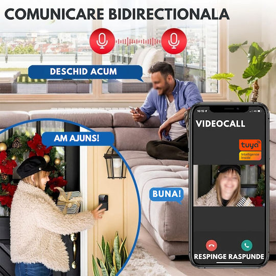 Clopoțel Fără Fir Pentru Ușă Wi-Fi / Bluetooth Negru