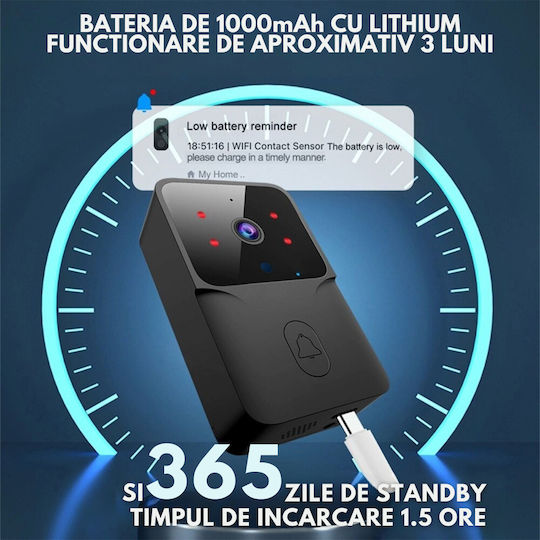 Clopoțel Fără Fir Pentru Ușă Wi-Fi / Bluetooth Negru