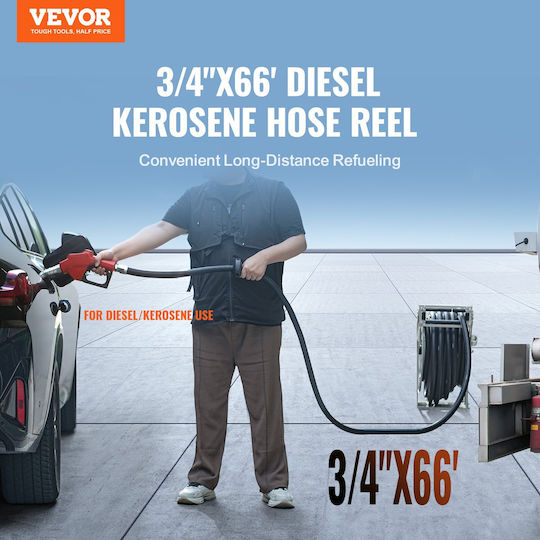 Vevor 3/4" X 66' Extra Long Retractable Diesel Hose Reel Carbon Steel Heavy Duty Automatic Fuel Nozzle NBR Flexible Hose for Aircraft Vehicle Trucks 300 Psi