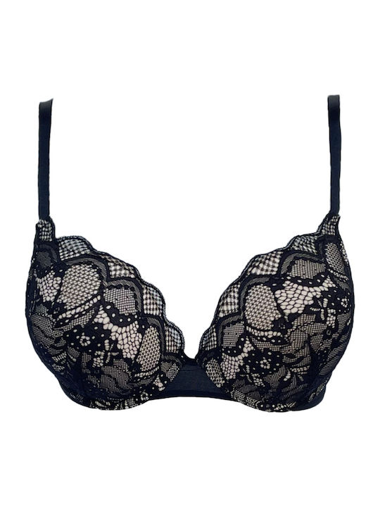 Balconette Μαύρο Σουτιέν Push Up με Μπανέλες