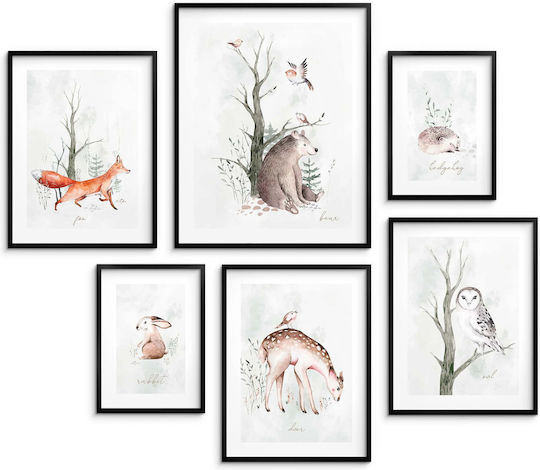 Kids Posters Set of 6 Pieces Gallery Watercolour Forest Animals Set 100x100