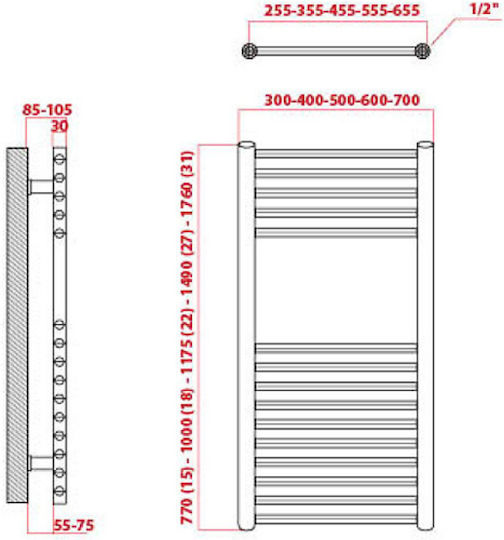 K-Energy Artemis Towel Rail Bathroom 1000x600 680kcal/h Silver