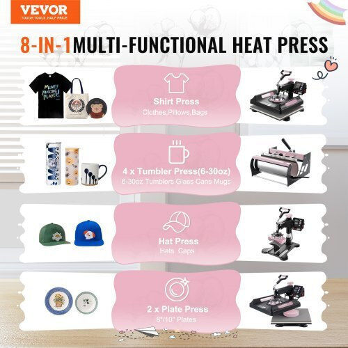 Vevor 8 in 1 Multifunctional Heat Press 15x15" T-Shirts Cups 30oz Black Yts30oz151581nggxv2
