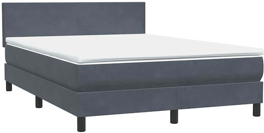 Pat Dublu Tapitat cu Material Gri Închis cu Plăci și Saltea 160x210cm