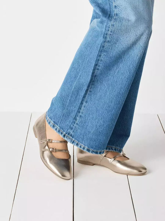 Lederne Damen Ballerinas Spitz zulaufend mit Riemen in Gold Farbe