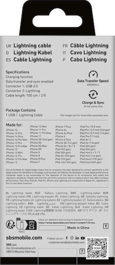SBS USB to Lightning Cable Μπλε 1m (CABLEUSBIP589A)
