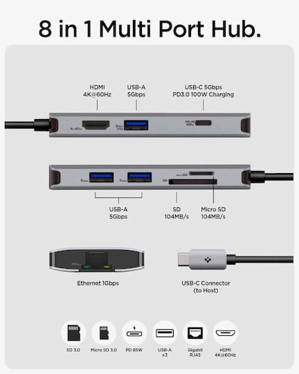 Spigen ArcDock 8-in-1 USB-C Докинг станция с HDMI 4K PD Ethernet Сребрист