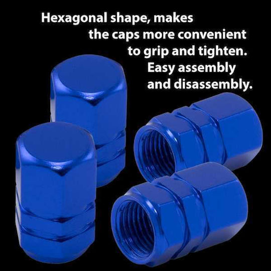 Set 12 Hexagonal Valve Caps Car Aluminum Alloy Length 1.8 Cm Blue